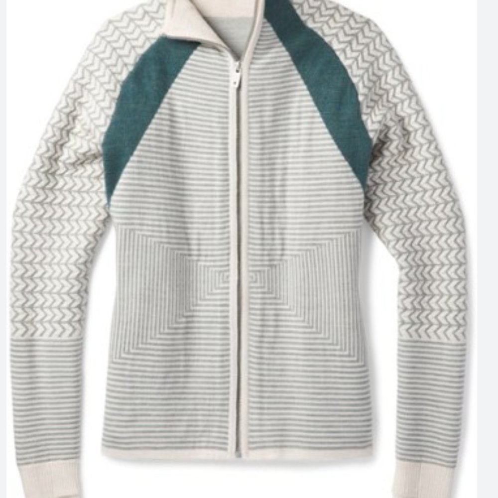 Smartwool Dacono Women's Ski Full Zip Sweater, Sz Large, teal green/cream